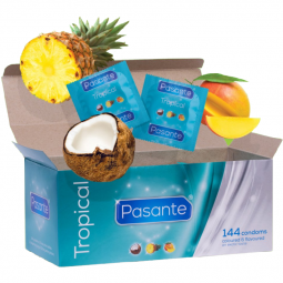 Condones Pasante Tropical con sabores tropicales en paquetes de 144 unidadesCondones