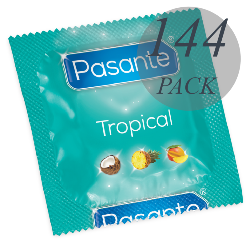 Pasante Tropical condoms with tropical flavors packaged in 144 unitsCondoms