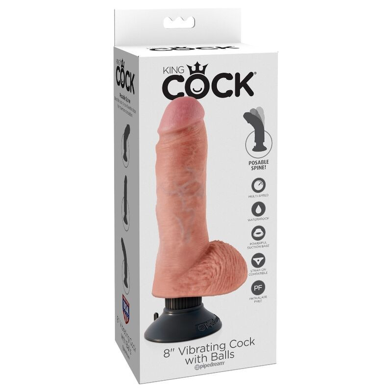King cock vibrant à 20,3 cm avec des couilles charnues Couleur:Nude Largeur:110 mm Longueur:290 mm Profondeur:80 mm Rayon:UNISEX