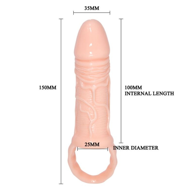 Prolongateur masculin couvre pénis et sangle de 10 cm Couleur:Nude Largeur:60 mm Longueur:186 mm Profondeur:60 mm Rayon:UNISEXE