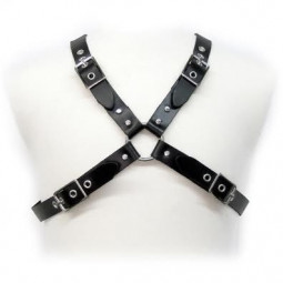 Accessory bdsm harness with buckle and black leather body for men
 