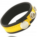 Bdsm accessory black and yellow leather penis strap with snaps
 