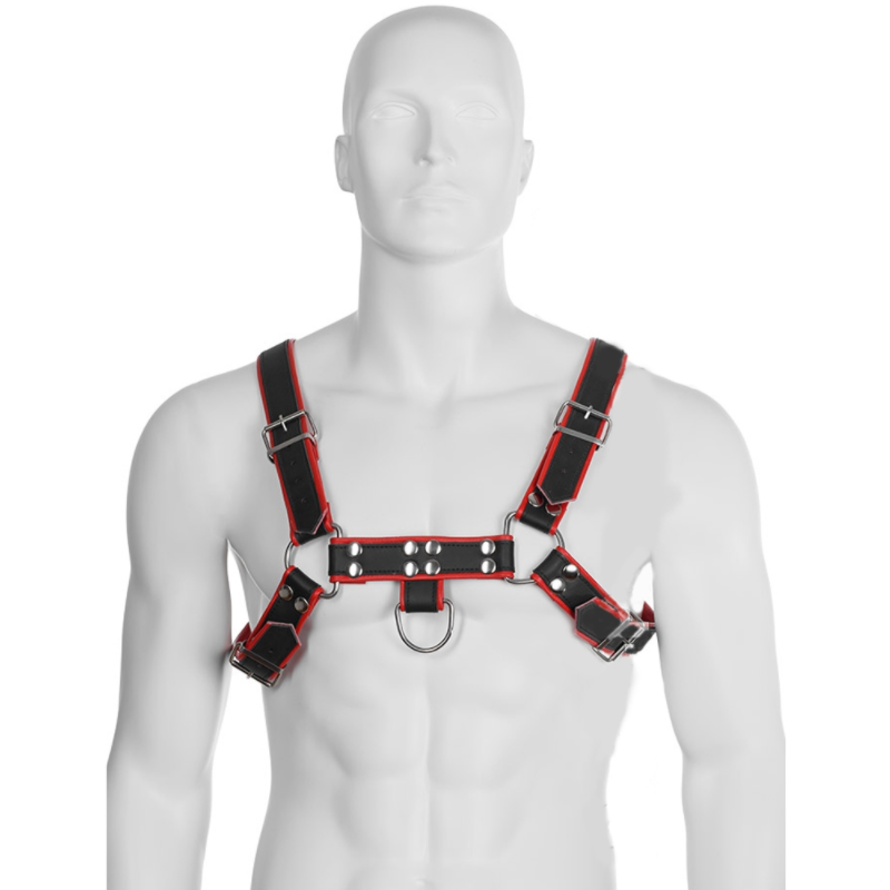 Accessoire bdsm harnais bdsm de corps en cuir noir et rougeAccessoires BDSM