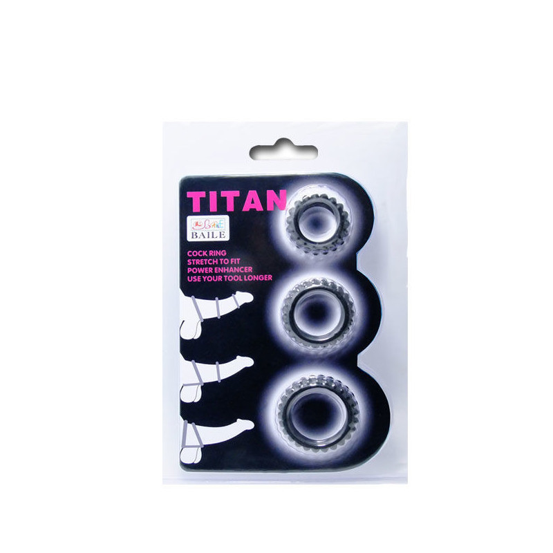 Cockring trois pièces baile titanic noir 2.8 / 2.4 /1.9 cmCockring