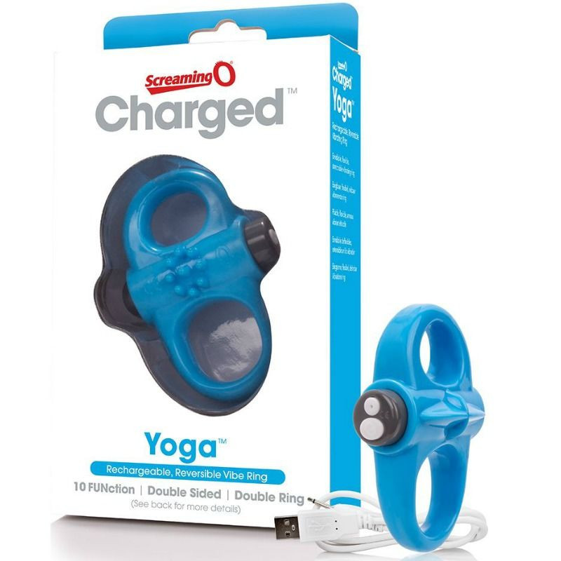 Cockring vibrant Screaming Yoga rechargeable de couleur bleuCockring
