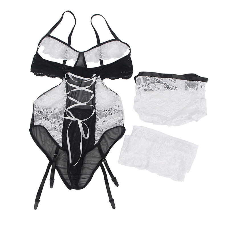 Body lingerie sexy soubrette noire et blanche avec jarretière S/MDéguisement Femme