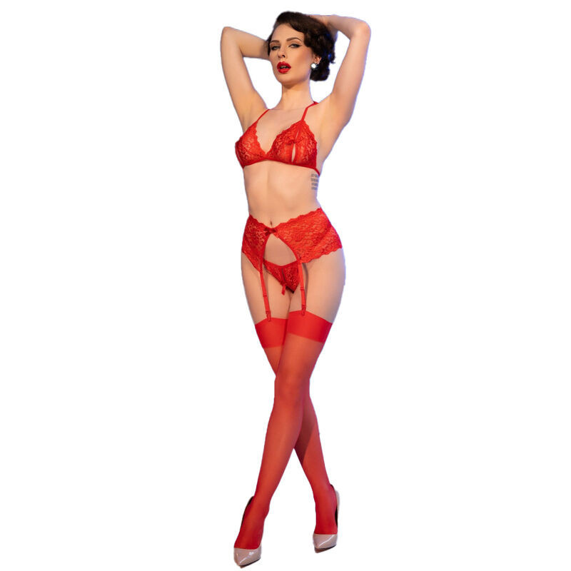 Chilirose Dessous-Set mit BH, String und StrümpfenSinnliche Damen-Sets