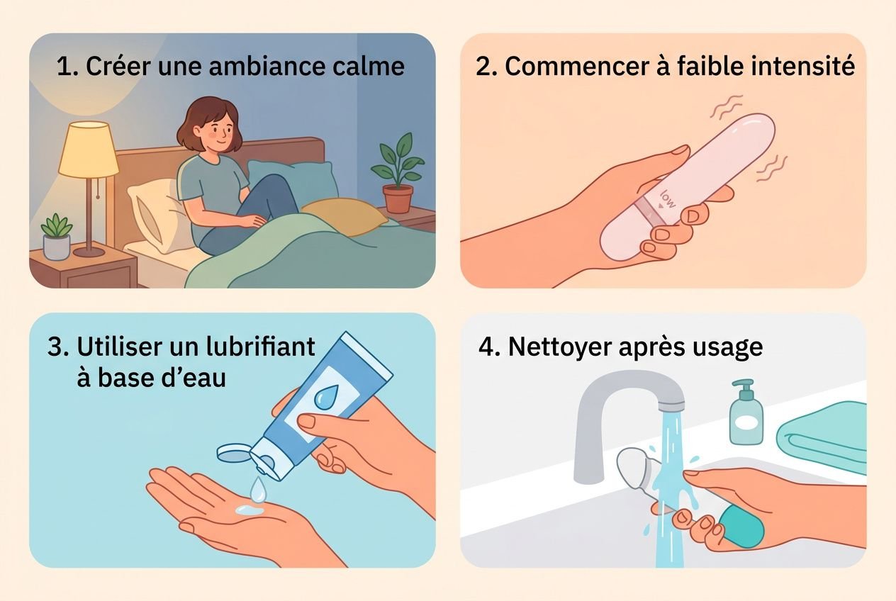 Ambiance calme et intimité: personne au lit; étape 2 montre un sextoy en main; étape 3 appliquant lubrifiant; étape 4 nettoyage après utilisation au lavabo. sextoy pour femme débutante.