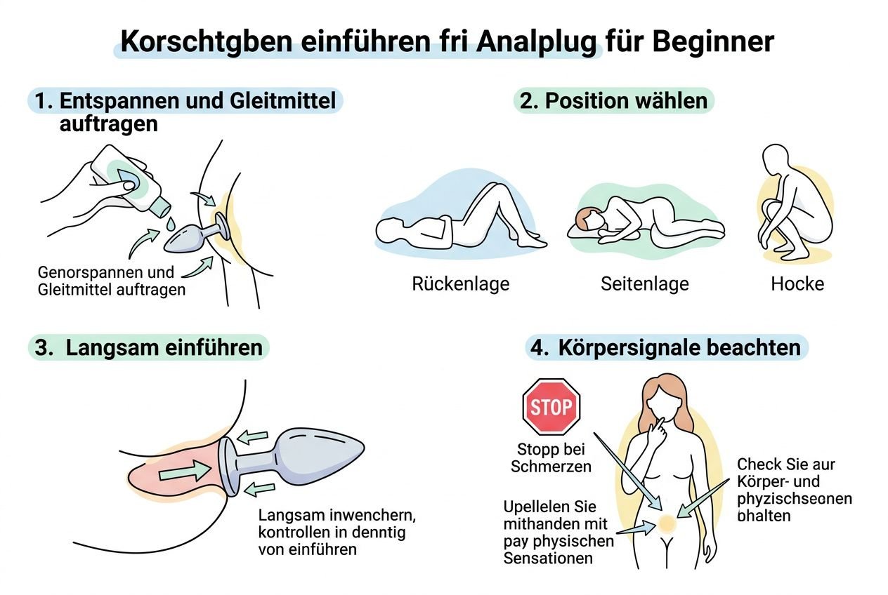 Analspielzeug anfänger ratgeber: Illustration zeigt eine verständliche Einführung mit Tipps zum sicheren Einstieg, inkl. Positionen, langsamer Einführung und Sicherheitshinweisen.