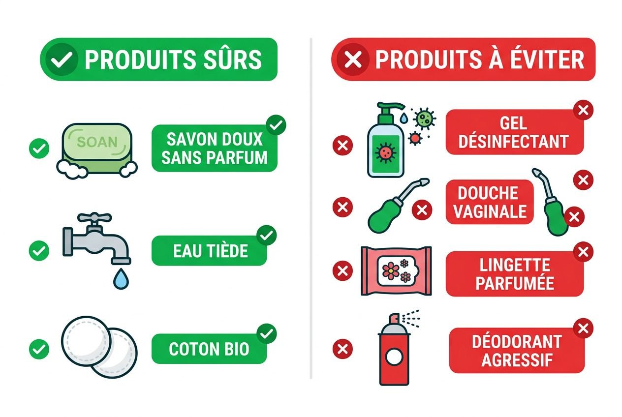 Boîte d’illustration sur la prévention infections produits intimes: côtés « produits sûrs » avec savon doux sans parfum, eau tiède, coton bio, et côtés « produits à éviter » comme gel désinfectant, douche vaginale, lingette parfumée, déodorant agressif.