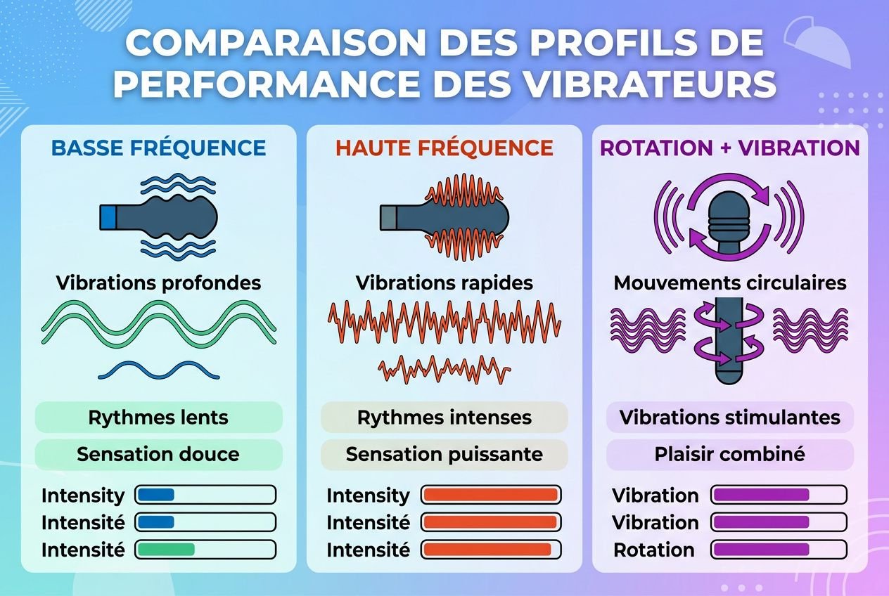 Comparaison des profils de performance des vibres vibrateurs: basse fréquence, haute fréquence et rotation + vibration, avec niveaux d’intensité démontrés. eff. énergétique vibromasseur.