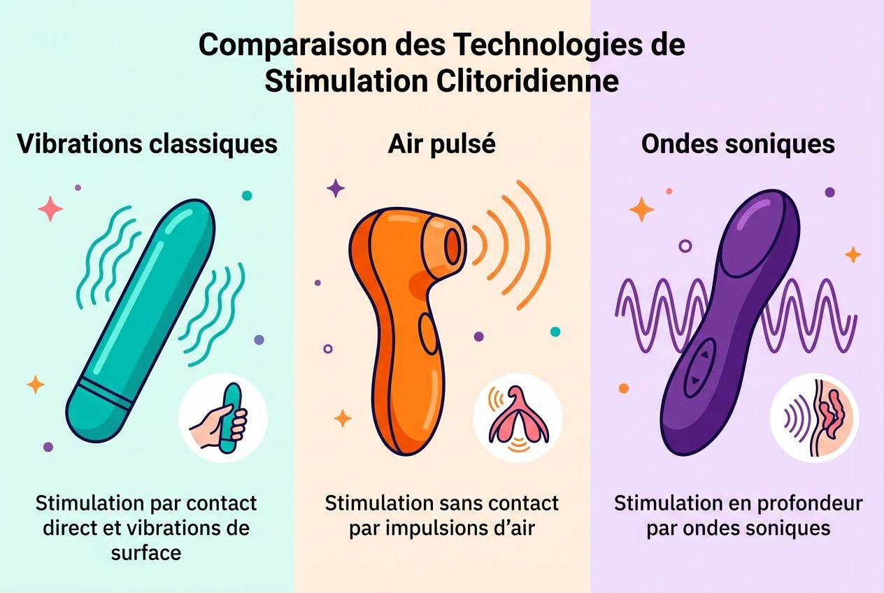 Comparaison des technologies de stimulation clitoridienne: vibrateurs classiques, air pulsé et ondes soniques, montrant différentes méthodes de stimulation clitoridienne vibromasseur