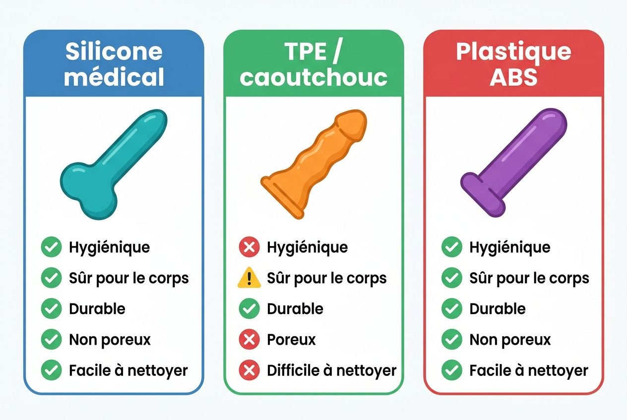 Comparatif de matériaux de sextoys: silicone médical, TPE/caoutchouc et plastique ABS, avec icônes hygiéniques et durables (non poreux).