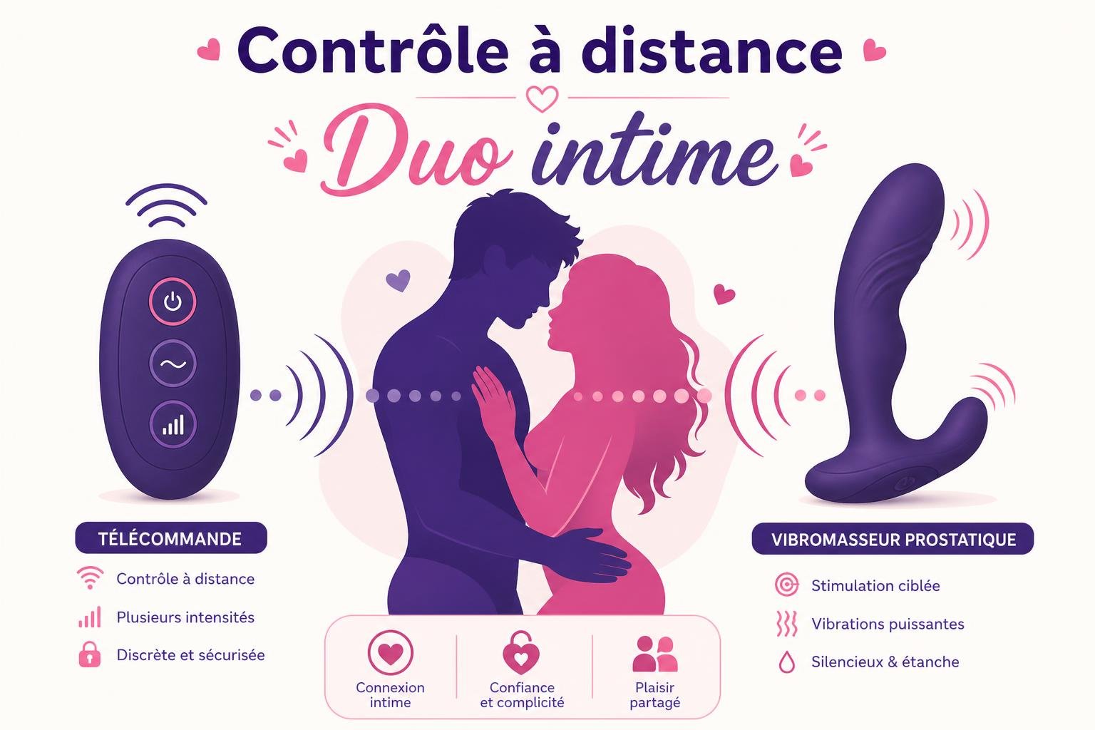Contrôle à distance Duo intime: vibromasseur prostatique violet avec télécommande, stimulation ciblée et modes variés pour plaisir prostatique.