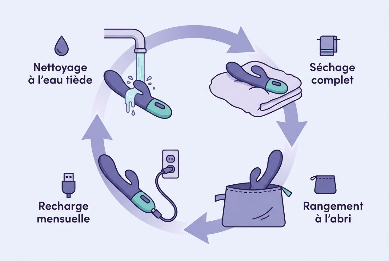 Cycle d’entretien d’un vibromasseur rechargeable: nettoyage, séchage, rangement, recharge mensuelle, puis réutilisation. intégrant autonomie vibromasseur rechargeable naturellement.
