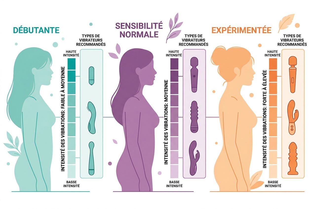 Diagramme illustrant trois profils (Débutante, Sensibilité normale, Expérimentée) avec types et intensités de vibrations et curseur montrant les niveaux d’intensité pour vibromasseur. Inclut l’expression vitesse vibromasseur comment choisir.