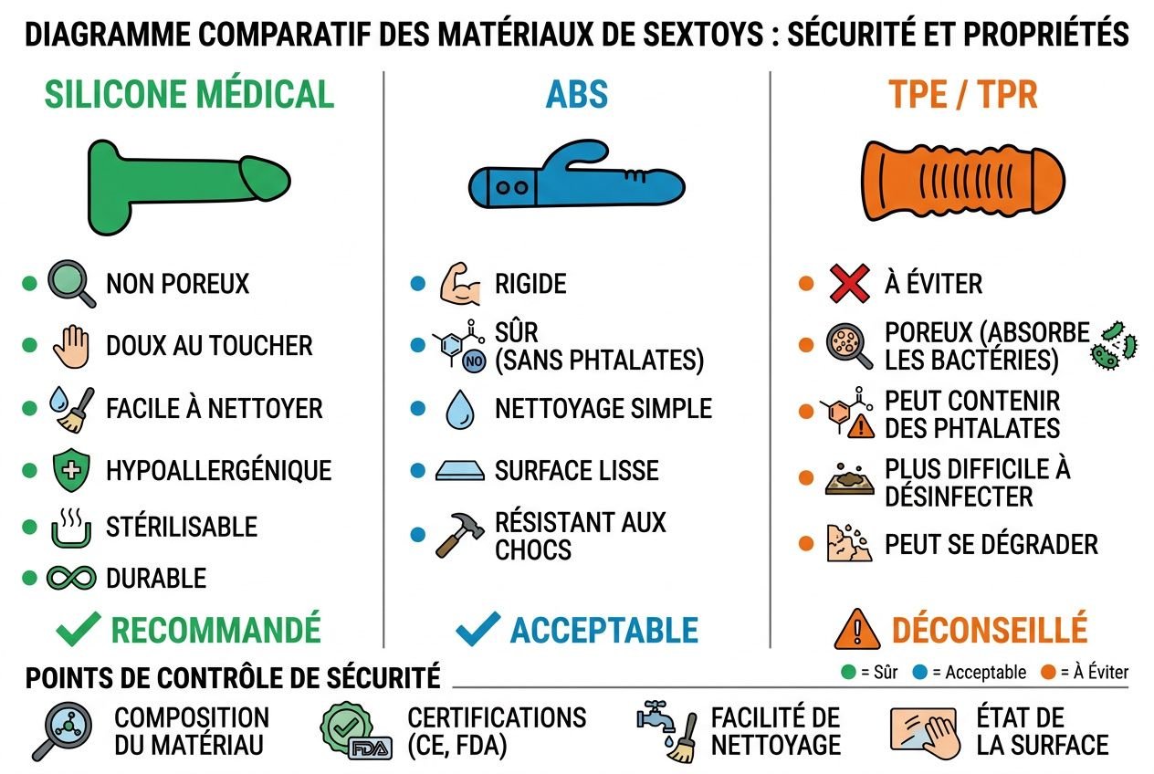 Diagramme des matériaux de sextoys: comparaison Silicones, ABS et TPE/TPR avec propriétés et conseils sécurité. integrates "comment choisir premier sextoy" naturel? include keyword. Let's craft: "Guide de comparaison des matériaux de sextoys : silicone médical, ABS et TPE/TPR, pour aider à comment choisir premier sextoy en toute sécurité." But must be alt text describing visible image. Include keyword integrated. 125 chars max. Let's try: "Guide visuel: matériaux de sextoys, silicone médical, ABS et TPE/TPR, conseils pour comment choisir premier sextoy en sécurité." Count ~130. Need under 125. Let's shorten: "Diagramme: matériaux de sextoys, silicone médical, ABS et TPE/TPR, conseils pour comment choisir premier sextoy en sécurité." That's around 110. Output. Diagramme: matériaux de sextoys, silicone médical, ABS et TPE/TPR, conseils pour comment choisir premier sextoy en sécurité.