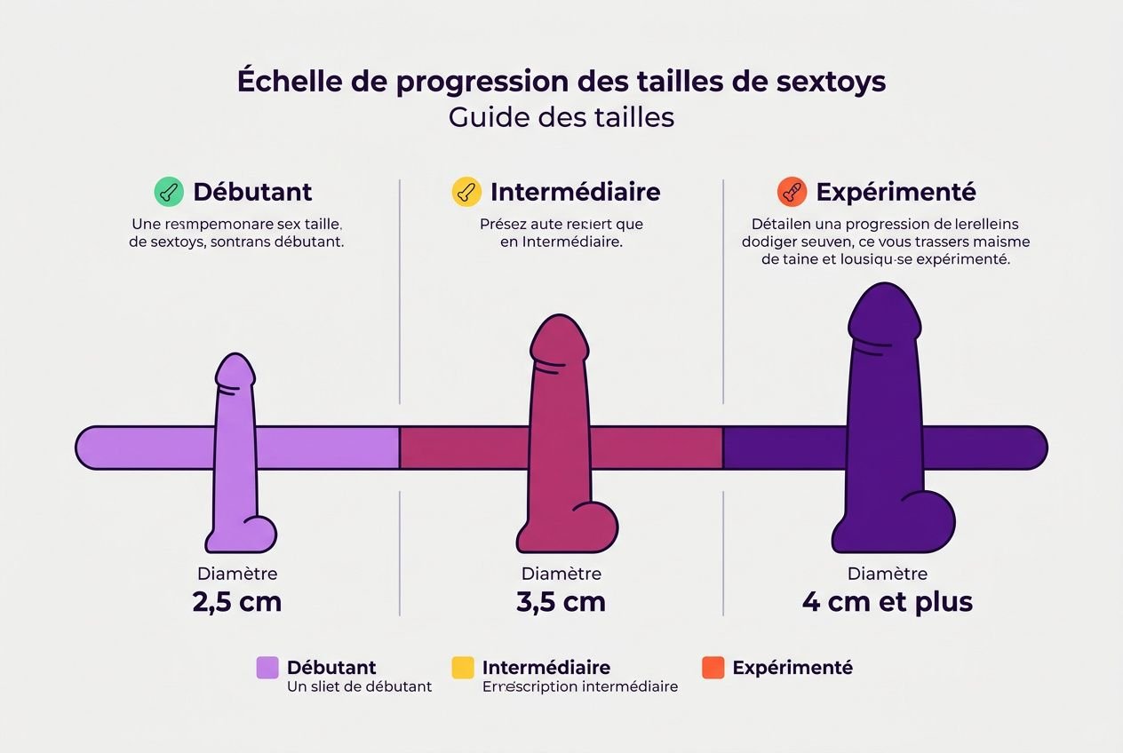 Échelle de progression des tailles de sextoys montrant trois niveaux (Débutant, Intermédiaire, Expérimenté) avec des silhouettes et diamètres: 2,5 cm, 3,5 cm et 4 cm et plus.