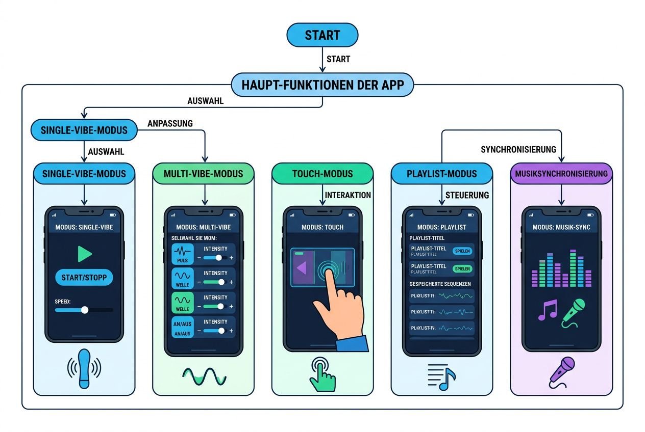 Flowchart-Bild zur Bedienung von Vibrator-Apps: Hauptfunktionen der App mit Modi wie Single-Vibe, Multi-Vibe, Touch, Playlist und Musik-Synchronisierung. Enthält Startbildschirm, Auswahlelemente und Interaktion. Integration des Keywords: welche apps für sexspielzeug gibt es