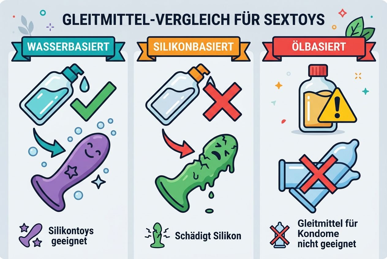 Gleitmittel-Vergleich für Sex Toys: Wasserbasis, Silikonbasis, Ölbasierte Varianten : Silikonbasis schädigt das Material, Wasserbasis geeignet, Öl nicht empfohlen. Warum kein silikon-gleitgel bei silikon toys?
