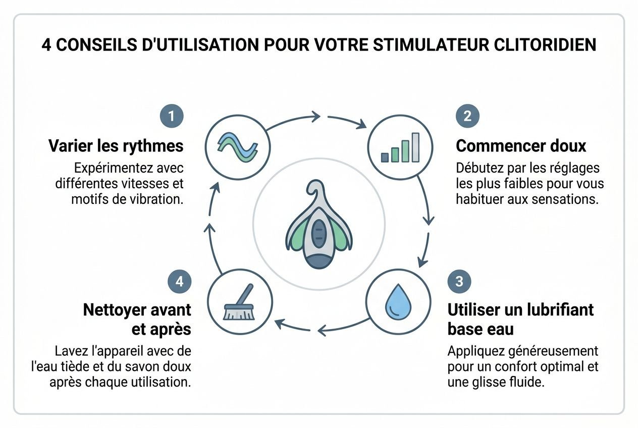 Guide d’utilisation du stimulateur clitoridien: variations, démarrage doux, lubrifiant et nettoyage, pour une stimulation clitoridienne vibromasseur réussie.