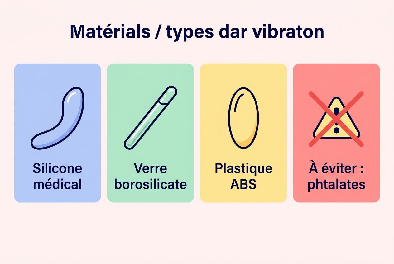 Matériaux / types dar vibraton: silicone médical, verre borosilicate, plastique ABS, À éviter : phtalates. Complétez avec le choix adapté pour bien choisir son vibromasseur.