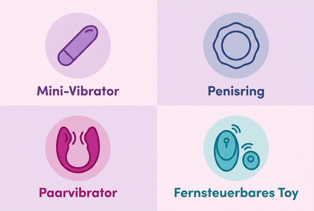 Mini-Vibrator, Penisring, Paarvibrator und Fernsteuerbares Toy als grafische Symbole in Pastellfarben.