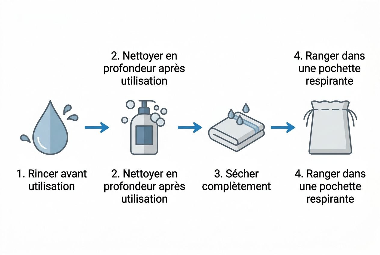 Nettoyage en profondeur après utilisation des sextoys en silicone: rinçage, lavage savonneux, rinçage et séchage, puis rangement dans une poche respirante. entretien sextoy matériel silicone.