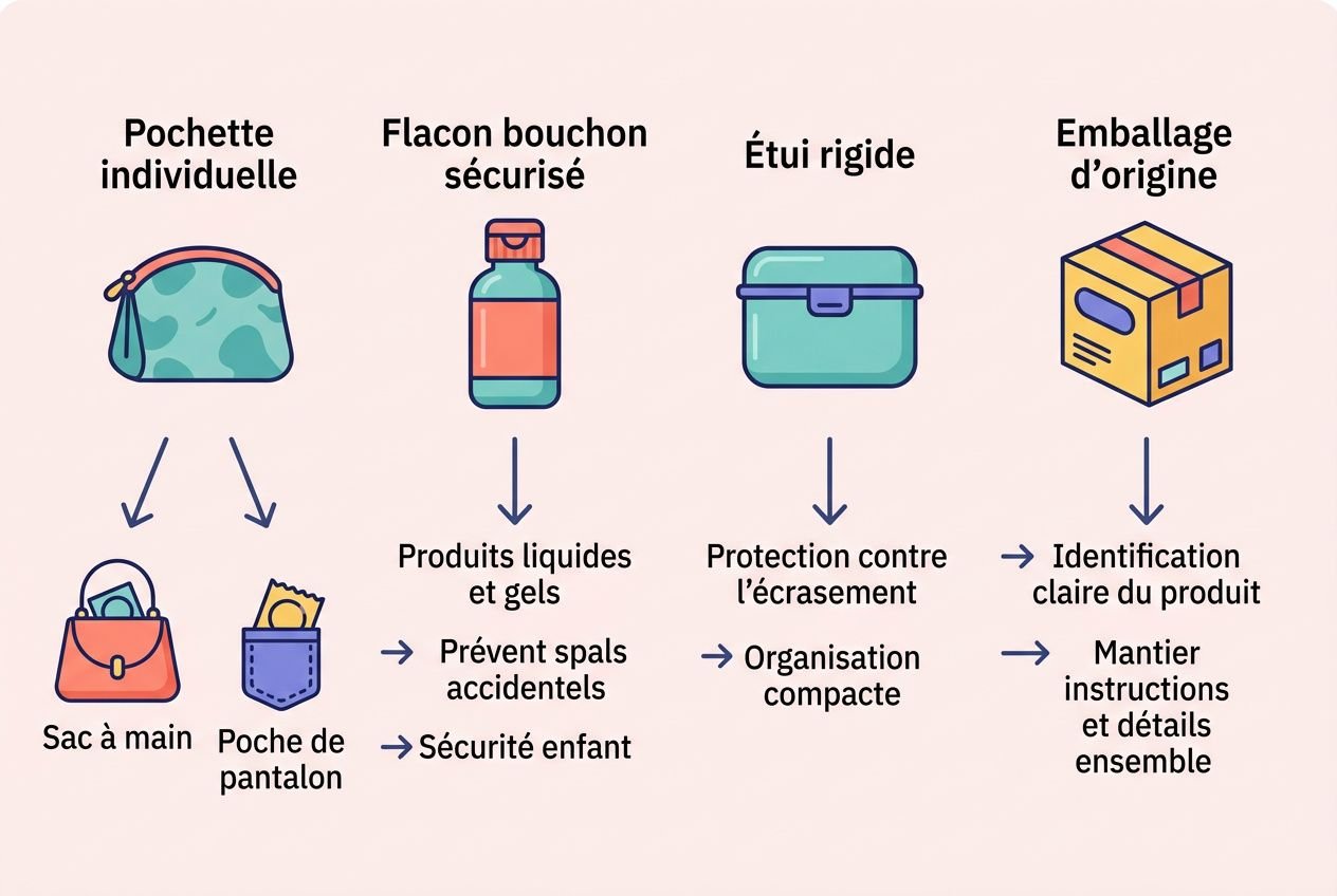 Pochettes et contenants pour stockage sécurité : pochette individuelle, flacon bouchon sécurisé, étui rigide et emballage d’origine. Diag: rangement ordre et précautions. stockages produits intimes (Note: The text contains keyword integrated.)