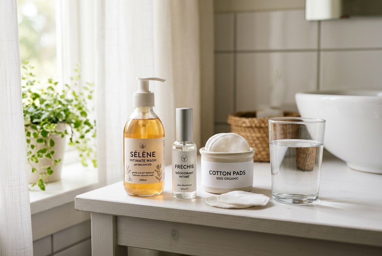 Promo: Prévention infections produits intimes - ensemble de produits d'hygiène intime sur une table: savon Séléne, spray Frédis, coton pads, verre d'eau, ambiente salle de bains.