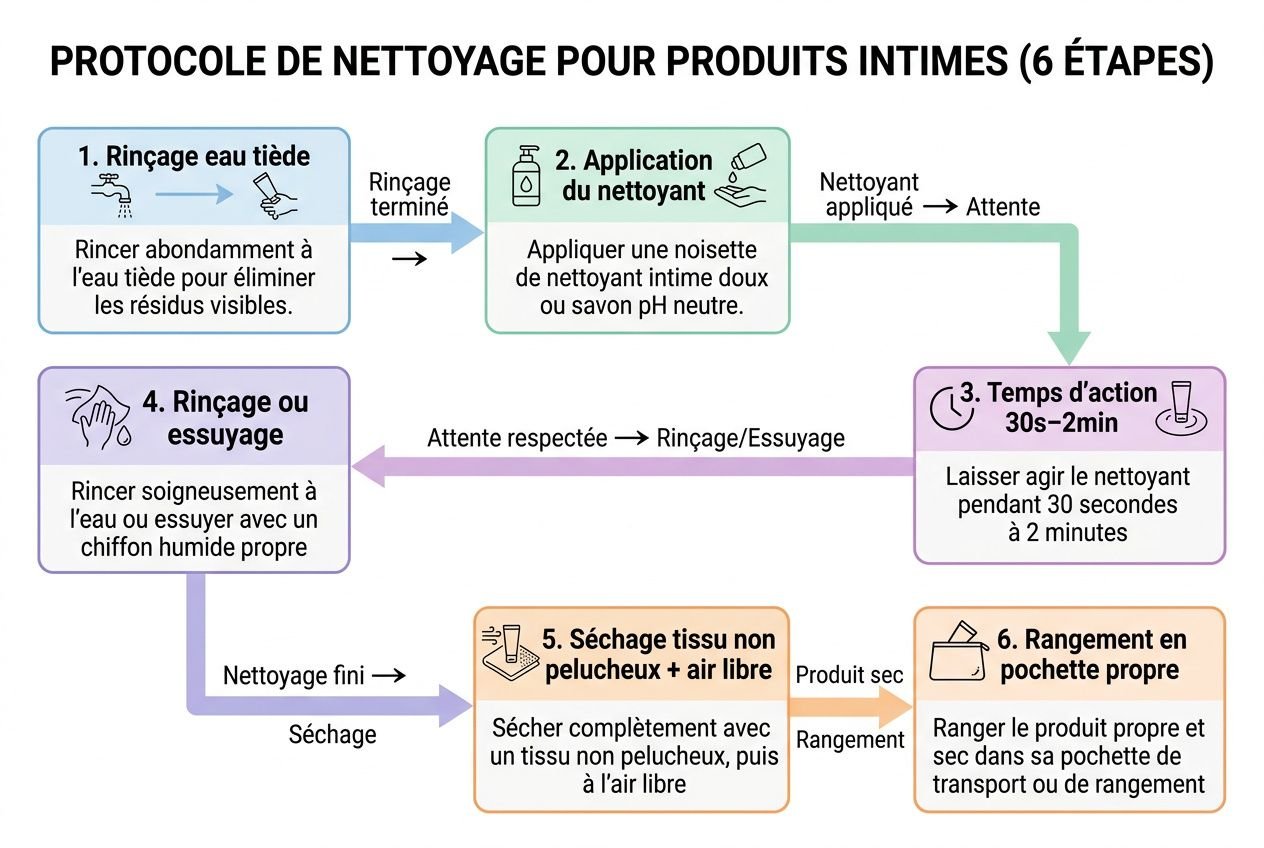 PROTOCOLE DE NETTOYAGE POUR PRODUITS INTIMES, schéma en 6 étapes décrivant rinçage, nettoyage, temps d’action, essuyage, séchage et rangement en pochette.