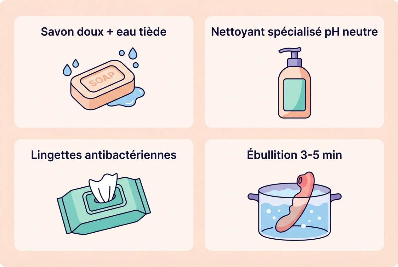 Savon doux et eau tiède, nettoyant pH neutre et lingettes antibactériennes pour entretien sextoy matériel silicone