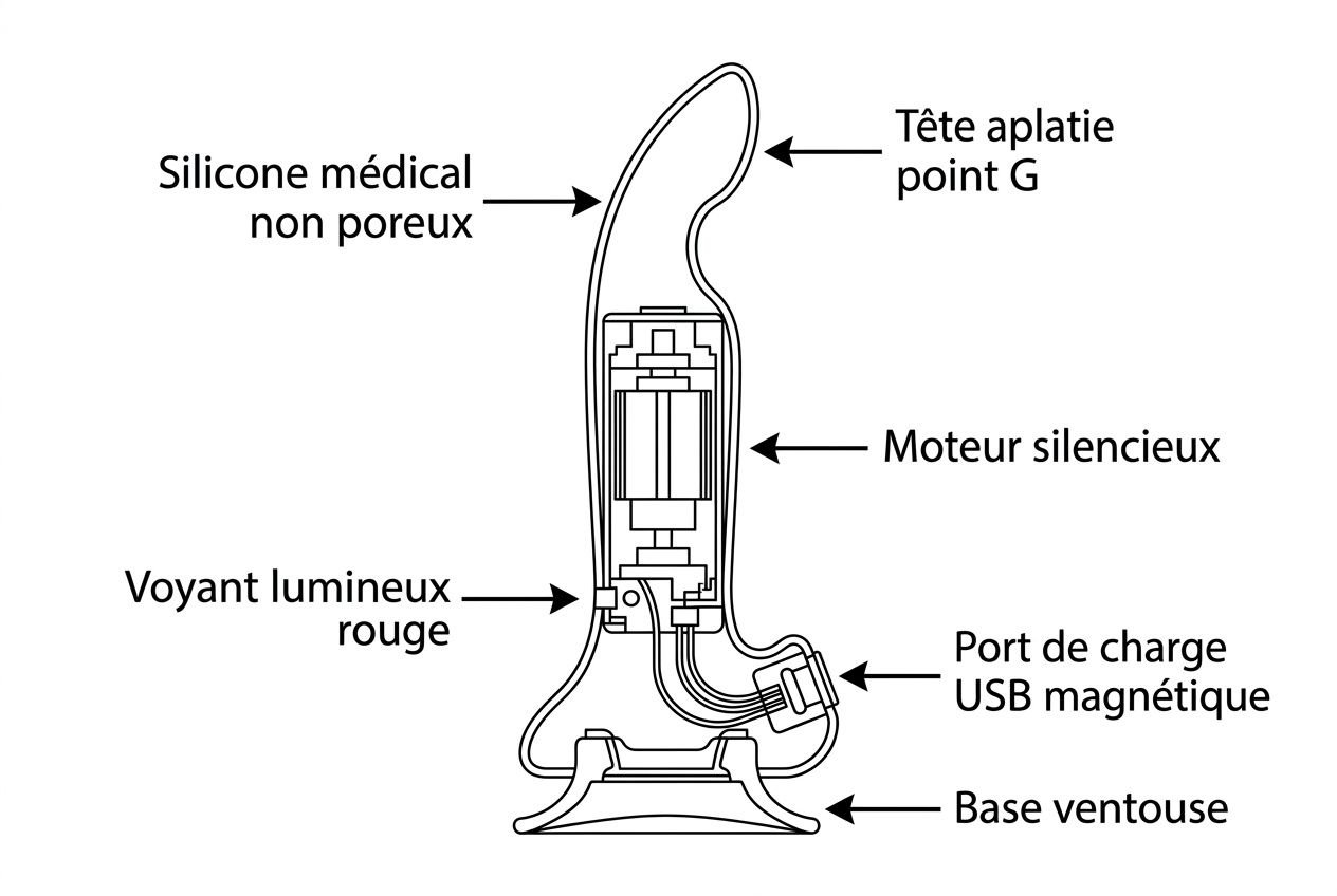 Schéma d’un vibromasseur avec étiquettes: silicone médical non poreux, tête aplatie point G, moteur silencieux, voyant lumineux rouge, port de charge USB magnétique, base ventouse.