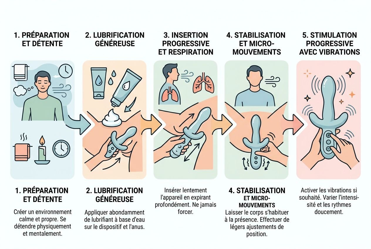 Schéma illustré des étapes d’utilisation d’un stimulateur prostatique: préparation, lubrification, insertion progressive, stabilisation et micro-moments, et stimulation progressive avec vibrations. Inclut conseils de détente et variations des modes. plaisir prostatique vibromasseur.