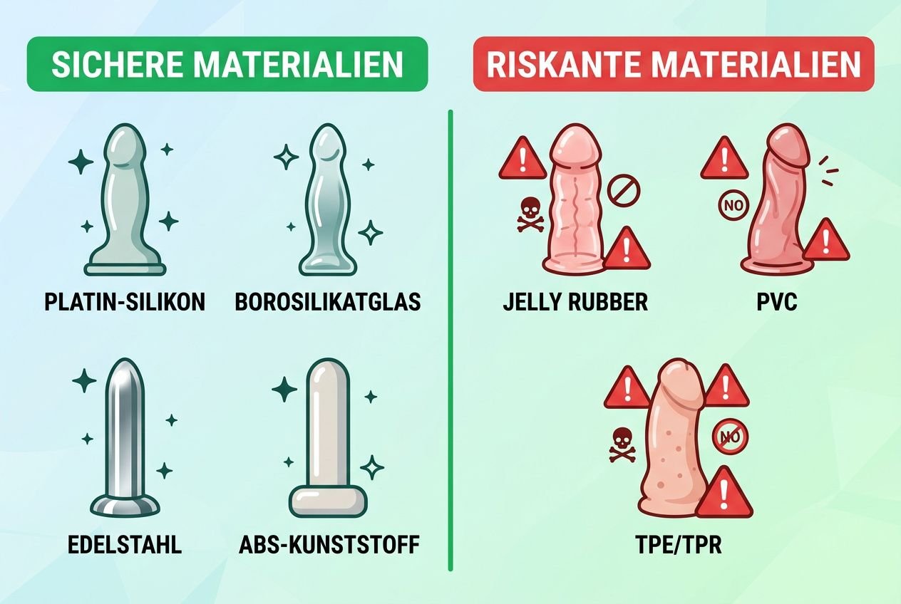 Sexspielzeug material worauf achten: sichere Materialien wie Platin-Silikon, Borosilikatglas, Edelstahl und ABS-Kunststoff im Diagramm gegenüber riskanten Materialien wie Jelly Rubber, PVC und TPE/TPR.