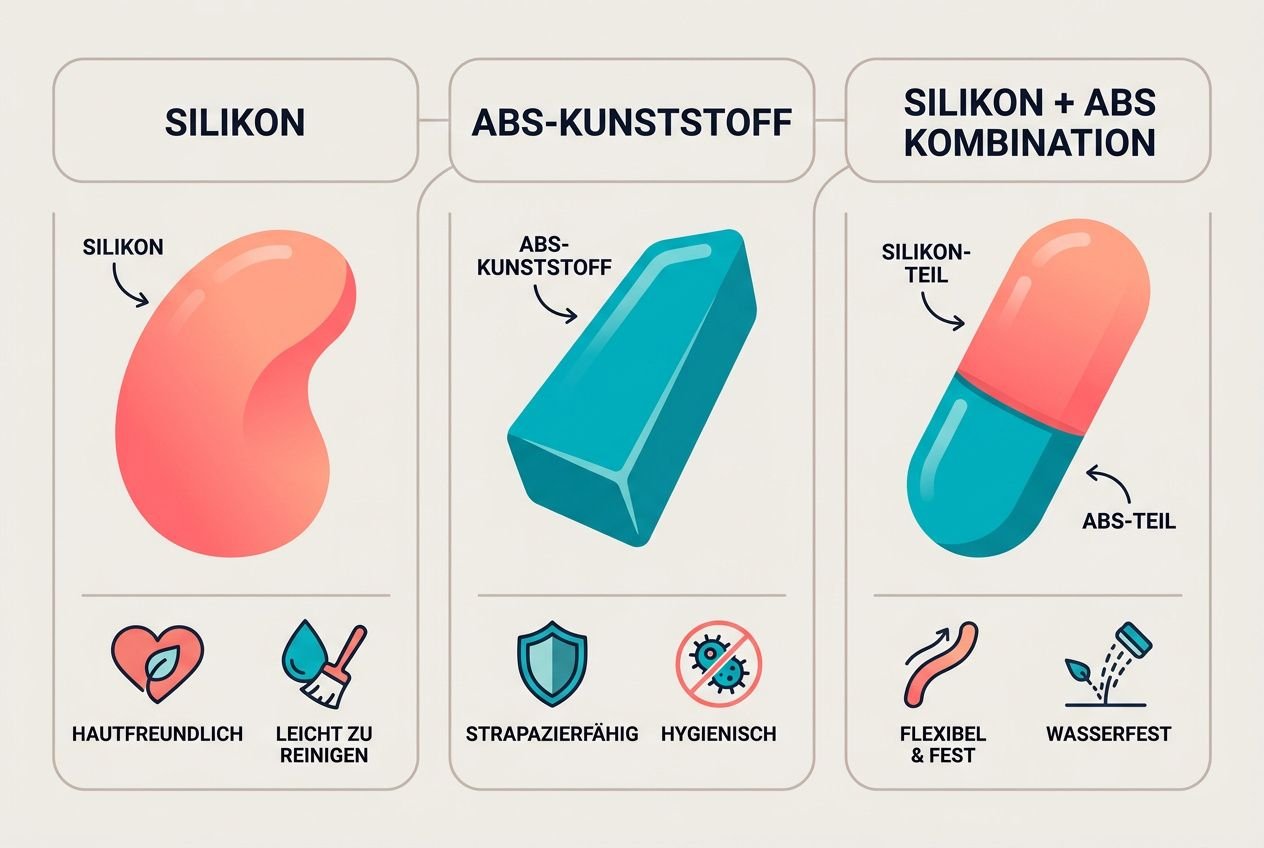 Sexspielzeuge für paare: Illustration zeigt drei Segmente zu Silikon, ABS-Kunststoff und einer Silikon-ABS-Kombination mit Beschriftungen und Hygiene-Icons.