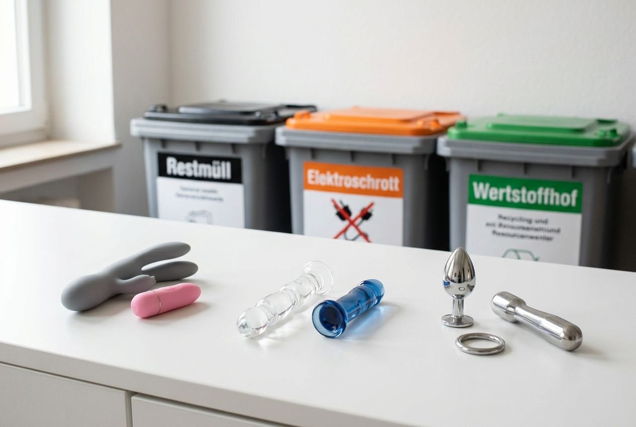 Sextoys entsorgen: Verschiedene Sexspielzeuge liegen ordentlich auf einer weißen Oberfläche; Recycling- und Restmüllcontainer im Hintergrund. wie kann man sextoys entsorgen.