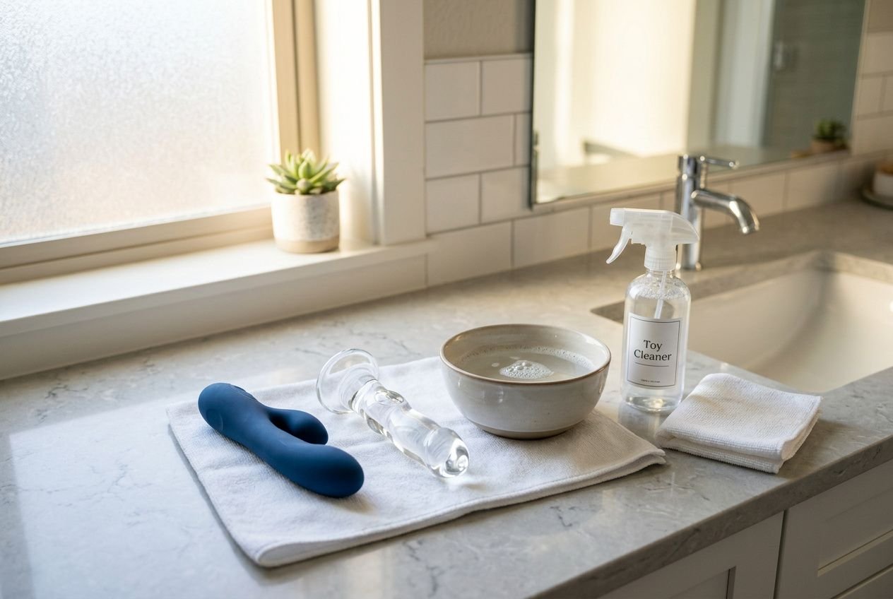 Silikon-Sextoy und Reinigungsmittel auf der Spüle, daneben eine Schale, Tuch und Spray mit „Toy Cleaner“ – sauber vorbereitete Dusche zur Pflege sexspielzeug richtig reinigen und pflegen
