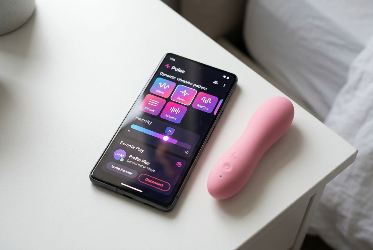 Smartphone mit Vibrator-App-Steuerung neben pinkem Sexspielzeug auf Nachttisch; App-Oberfläche zeigt Vibrationsprofile. welche apps für sexspielzeug gibt es integriert.