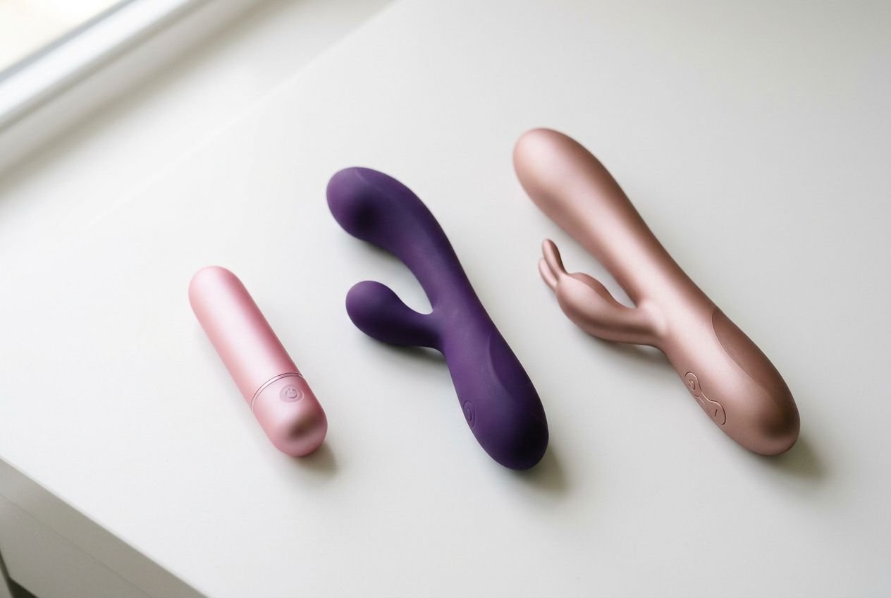 Trois vibromasseurs colorés posés sur une surface claire, de tailles et formes variées, prêts à l’emploi. Comment bien choisir son vibromasseur au centre.