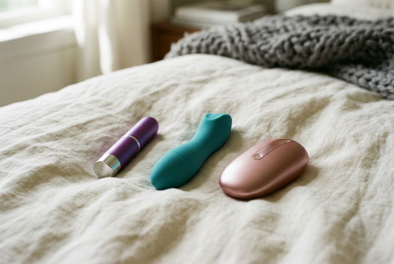Trois vibromasseurs posés sur une couverture: un violet, un turquoise et un rose doré, prêts à être utilisés. vibromasseur bruyant ou silencieux intégrable.
