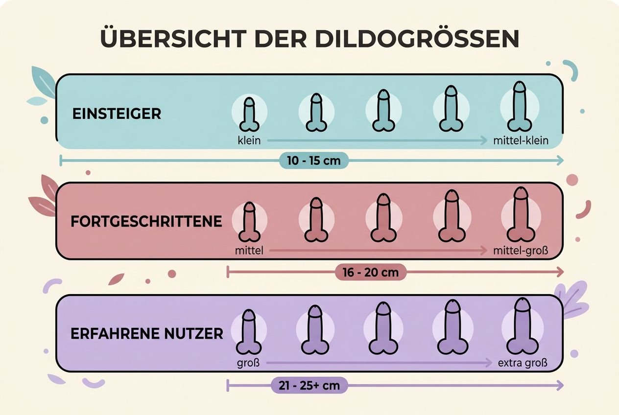 Übersicht der Dildgrößen: Einsteiger, Fortgeschrittene und erfahrene Nutzer mit Größenkategorien von 10–25 cm und Durchmessern, passend zur Frage welche größe hat ein sexspielzeug