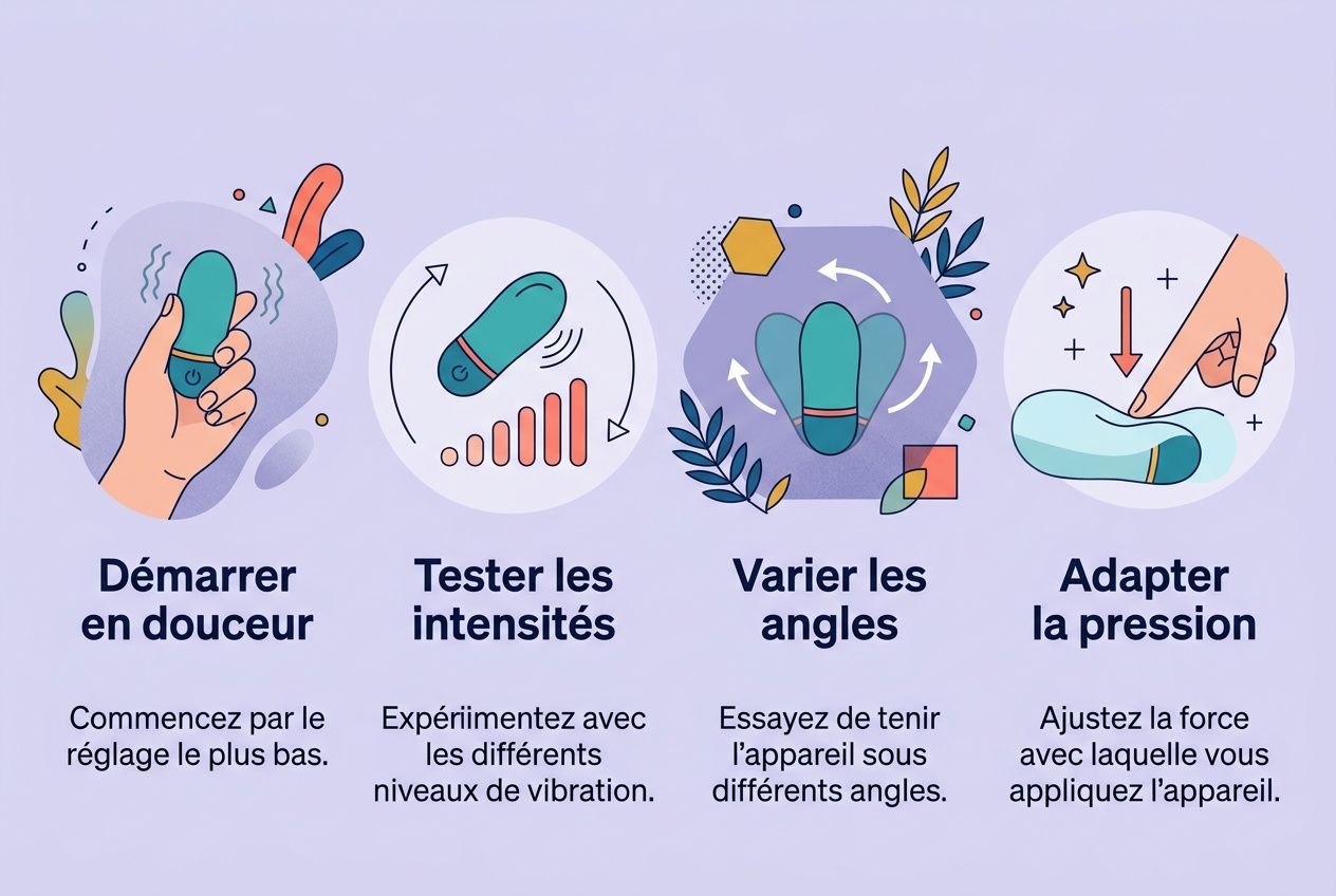 Utilisation discrète vibromasseur : illustration montrant quatre étapes pour démarrer en douceur, tester les intensités, varier les angles et adapter la pression.