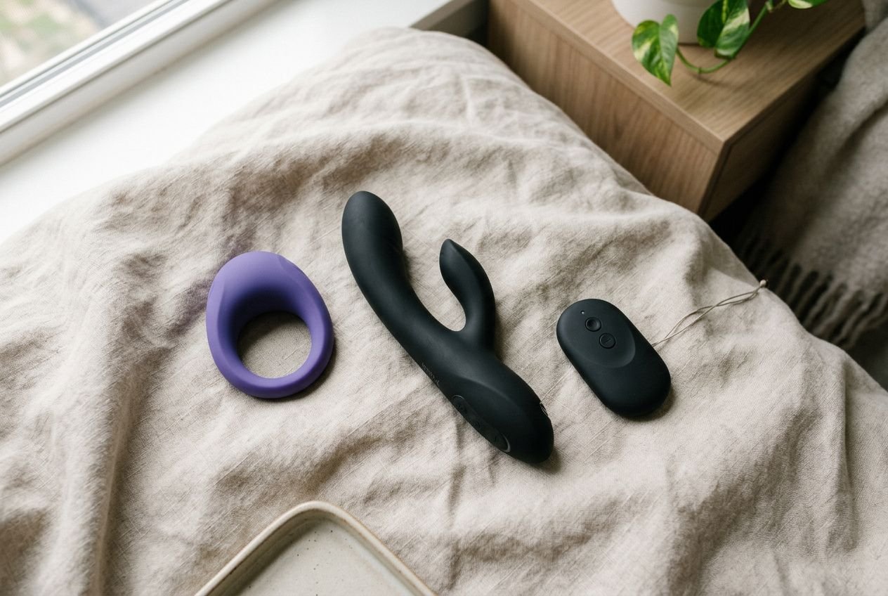 Verschiedene Sexspielzeuge für Paare auf einem Bett: ein violetter Ringe, ein schwarzer, gebogener Vibro-Stab und eine kleine schwarze Fernbedienung. Sexspielzeuge für Paare.