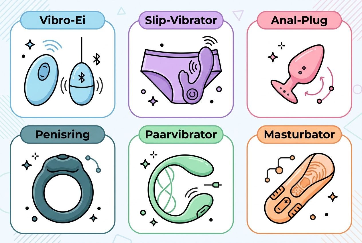 Vibro-Ei, Slip-Vibrator, Anal-Plug, Penisring, Paarvibrator und Masturbator als illustrative Symbole für Sexspielzeug, mit farbigen Frames. welches apps für sexspielzeug gibt es integriert.