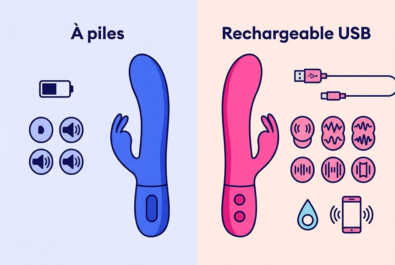 Vibromasseur bleu “À piles” avec boutons et piles visibles à côté, et vibromasseur rose “Rechargeable USB” avec câble USB, boutons et icônes. Vibromasseur rechargeable ou piles.