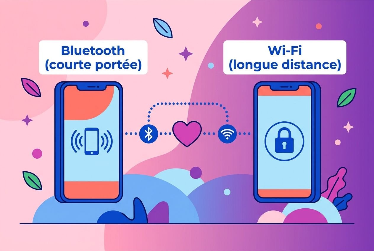 Vibromasseur couple ou solo: illustration couleur pastel montrant deux smartphones connectés par Bluetooth et Wi-Fi pour un sextoy partagé, symbole cœur au centre.
