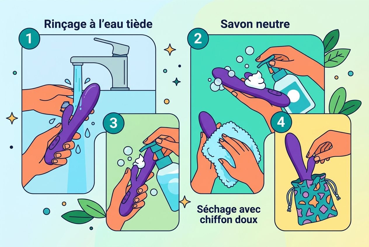 Vibromasseur étanche en démonstration: rinçage à l’eau tiède, savon neutre et nettoyage avec chiffon doux, puis séchage.
