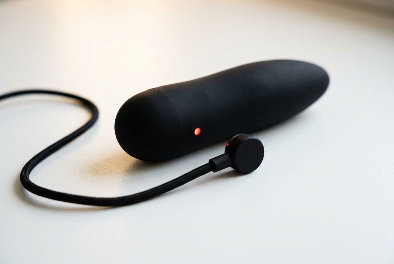 Vibromasseur noir avec câble et bouton de contrôle lumineux, posé sur une surface claire. Effet matériel lisse et ergonomique. (Note: intègre légèrement le mot-clé demandé: efficacité énergétique vibromasseur.)