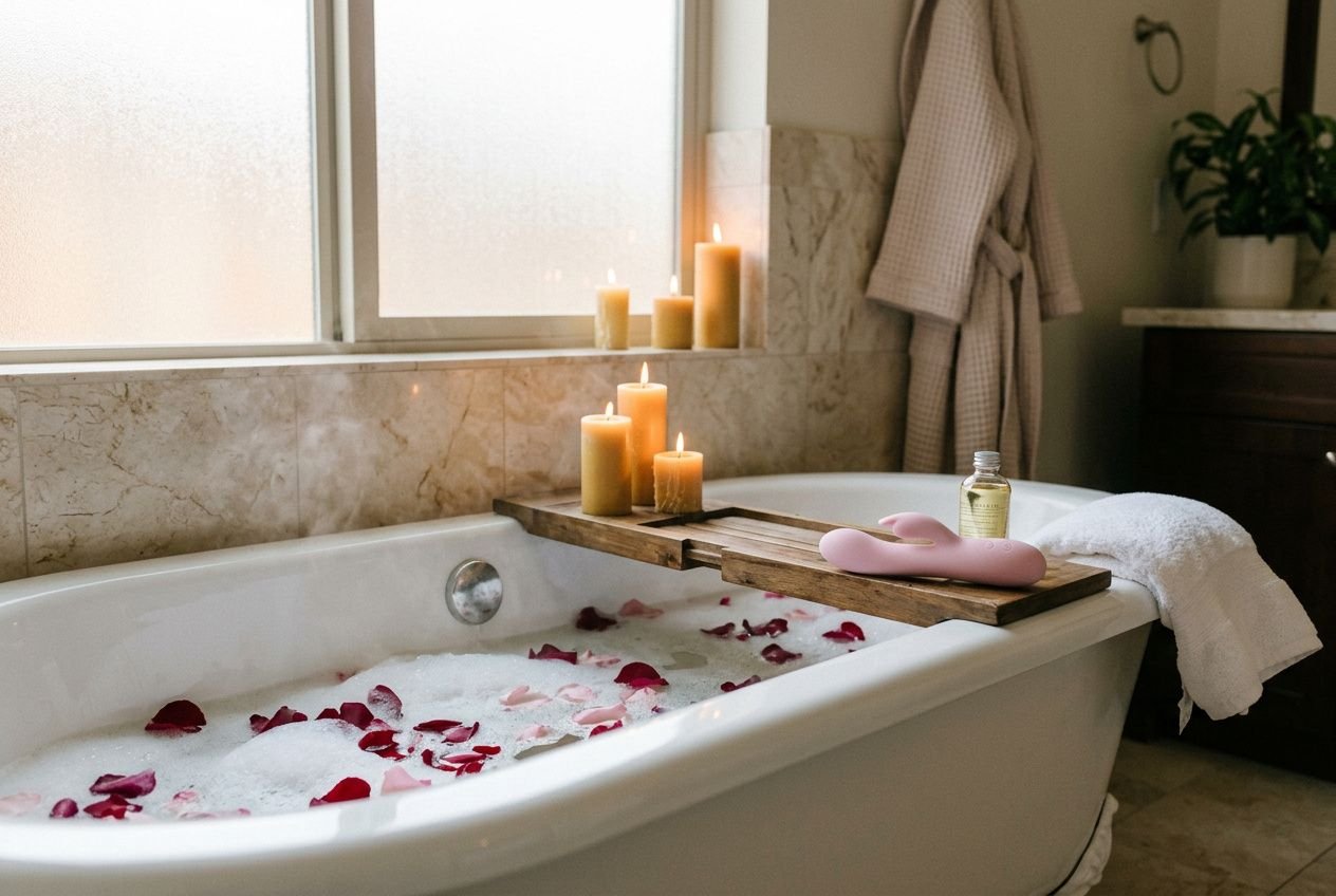 Vibromasseur rose posé sur un plateau en bois dans une baignoire d’angle, entouré de bougies et de pétales, ambiance spa relaxante.